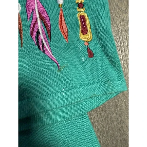 Bob Mackie Cardigan Womens Sweater 1X Green Embroidered‎ Dream Catcher Button XL - Picture 6 of 7